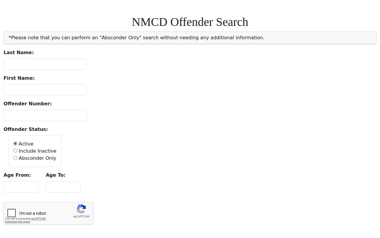 Colfax County released inmate NMCD offender search fields